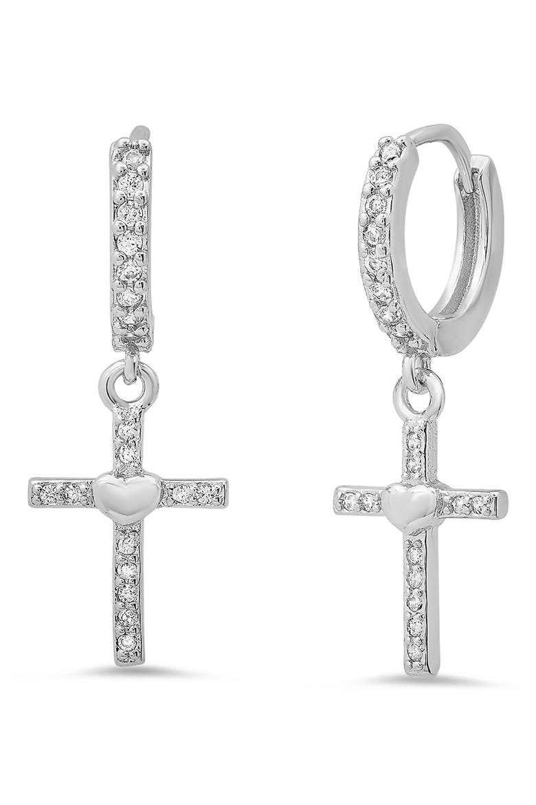 18K White Gold Plated Crystal Cross Drop Huggie Hoop Earrings, Alternate, color, SILVER