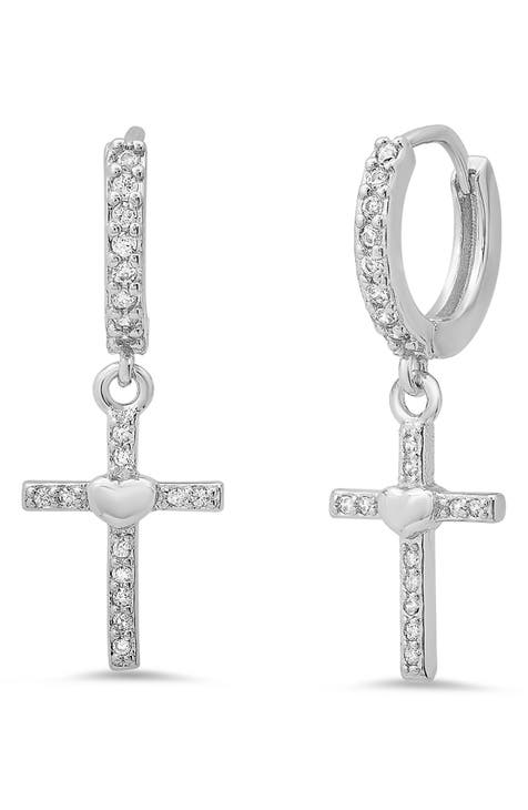 18K White Gold Plated Crystal Cross Drop Huggie Hoop Earrings