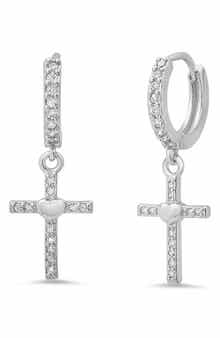 HMY JEWELRY 18K White Gold Plated Crystal Cross Drop Huggie Hoop Earrings