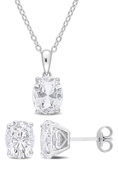 Oval Cut White Topaz Stud Earrings & Pendant Necklace Set