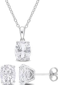 DELMAR Oval Cut White Topaz Stud Earrings & Pendant Necklace Set