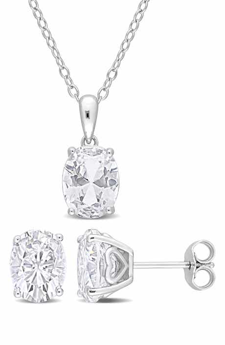 DELMAR Oval Cut White Topaz Stud Earrings & Pendant Necklace Set
