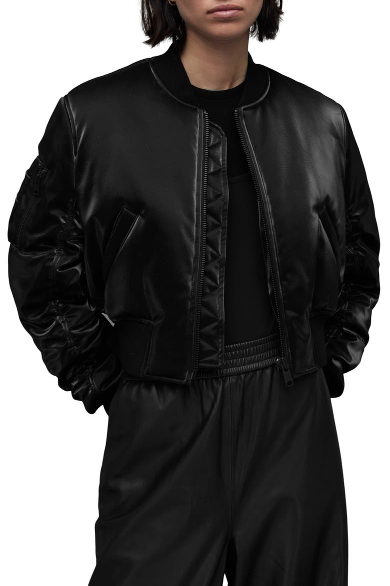 Callie Shine Crop Faux Leather Bomber Jacket, Main, color, BLACK