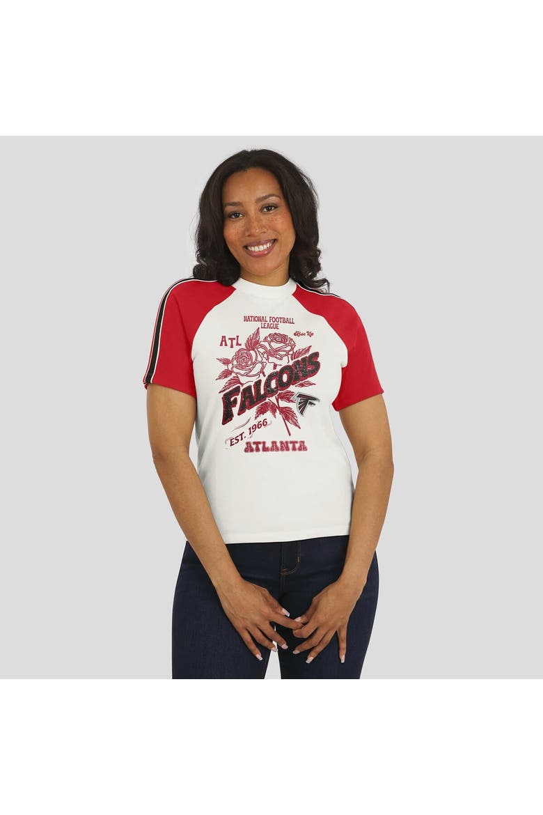 Women's WEAR by Erin Andrews White Atlanta Falcons Sleeve Stripe Distressed Raglan T-Shirt, Alternate, color, White