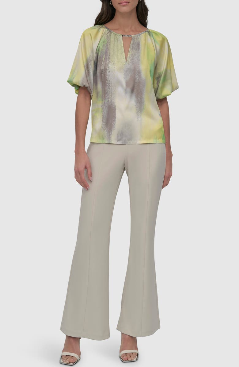 DKNY Abstract Print Logo Charm Puff Sleeve Top, Alternate, color, Watercolor Hues