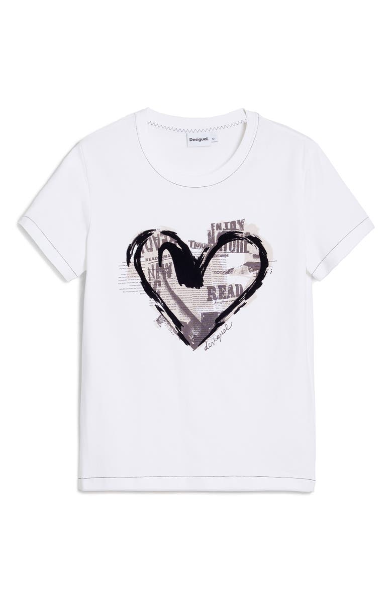 Desigual Heart Cotton Graphic T-Shirt, Alternate, color, White