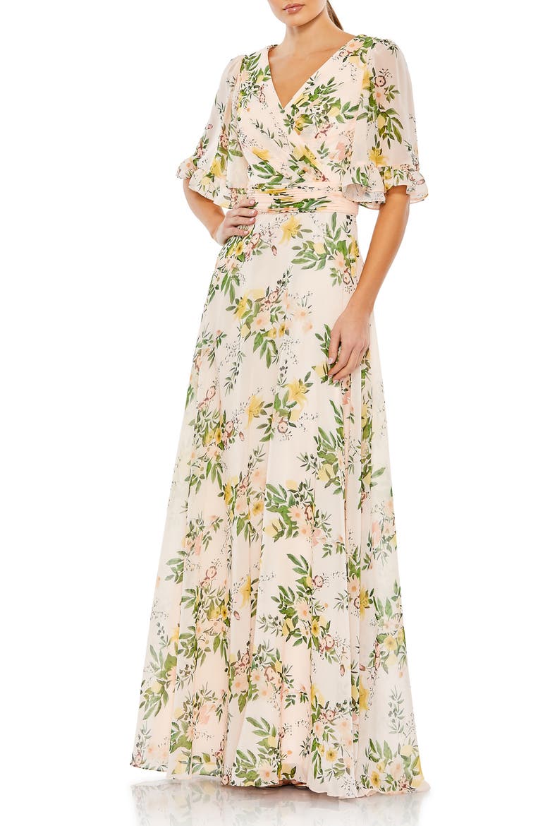 Floral Print Chiffon A-Line Gown, Main, color, PEACH MULTI