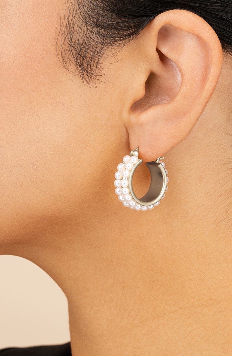 Sterling Forever Regina Double Faux Pearl Hoop Earrings, Alternate, color, Silver