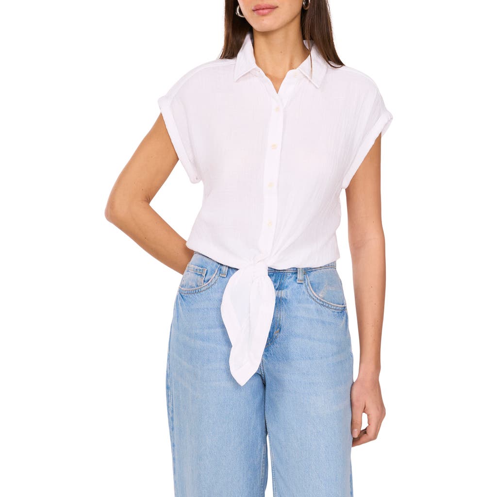 Two By Vince Camuto Tie Hem Cotton Button-up Shirt In Ultra White