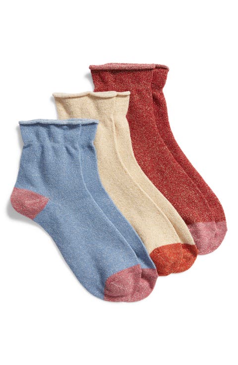 3-Pack Metallic Rolled Top Ankle Socks