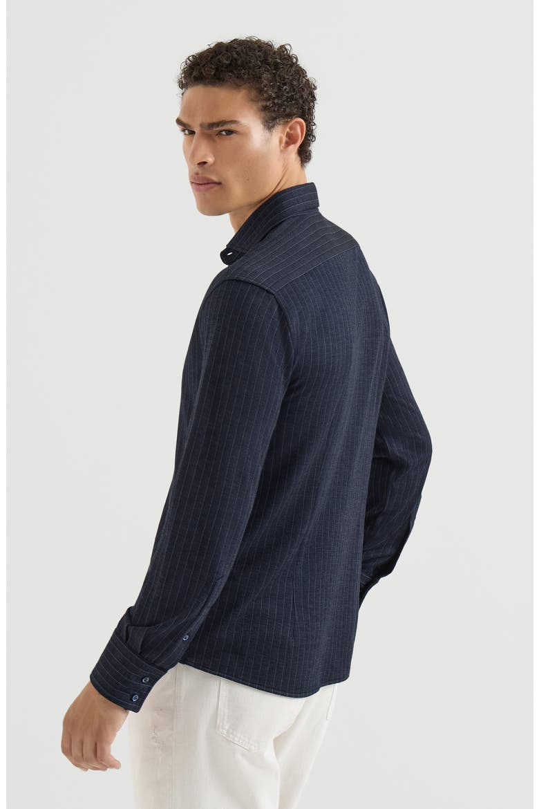 Virgin wool, silk and cotton chalk stripe piqué shirt with spead collar, Alternate, color, Blue
