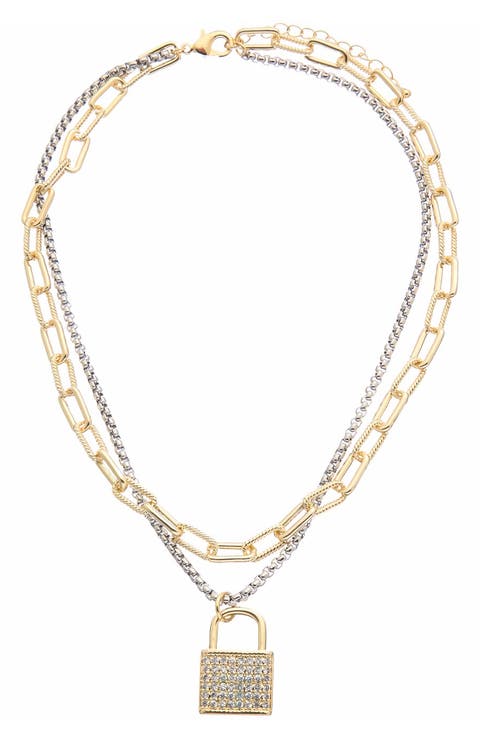 Pavé Padlock Pendant Two-Tone Layered Necklace
