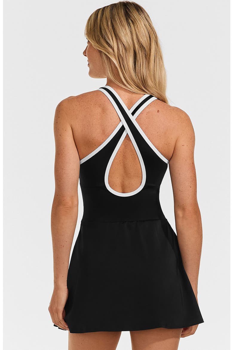 Plus Size Tugless High Neck Swim Dress Swimsuit, Alternate, color, Black/White