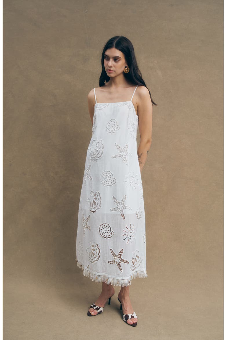 Ciel Cotton Eyelet Fringe Trim Midi Dress, Alternate, color, WHITE