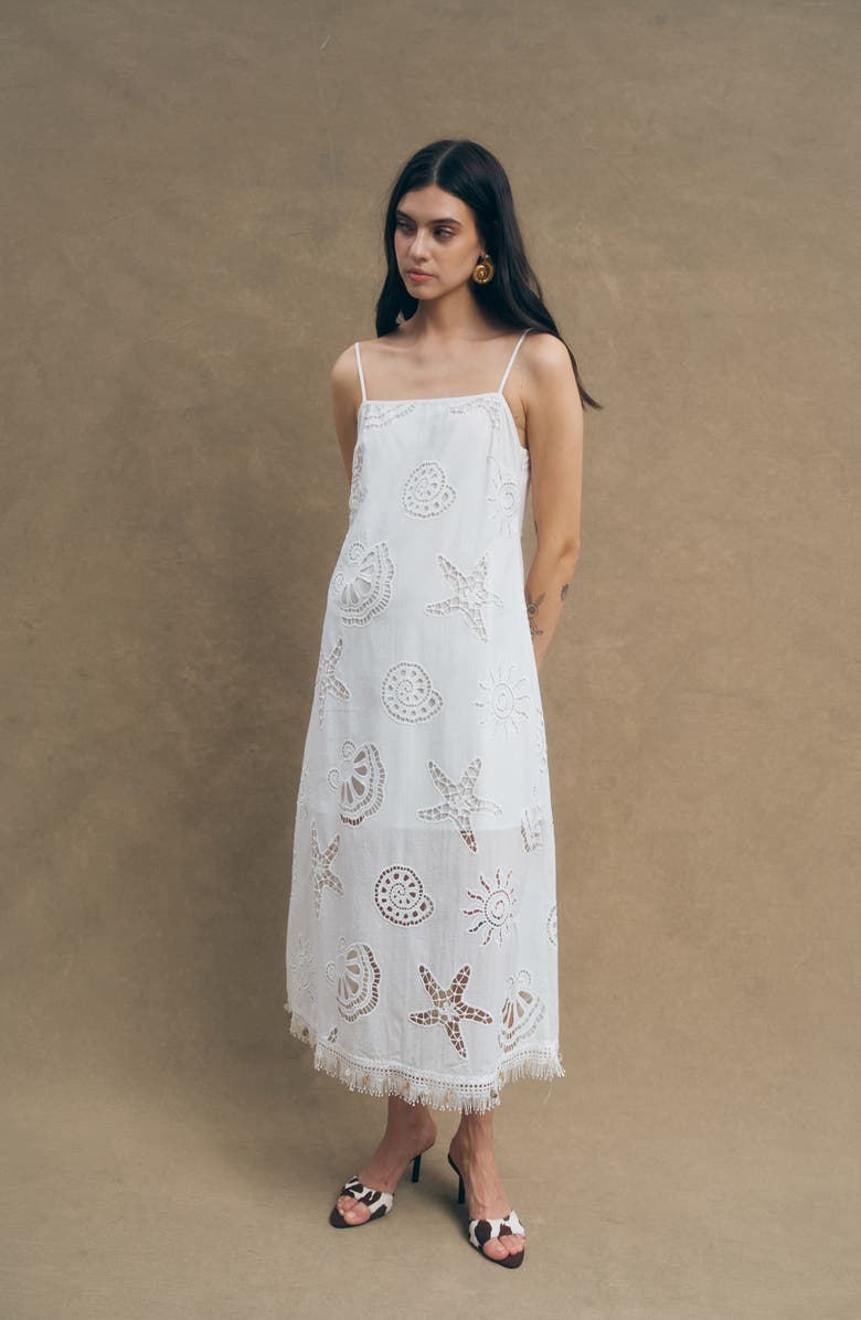 MAUDE CLUB Ciel Cotton Eyelet Fringe Trim Midi Dress, Alternate, color, White