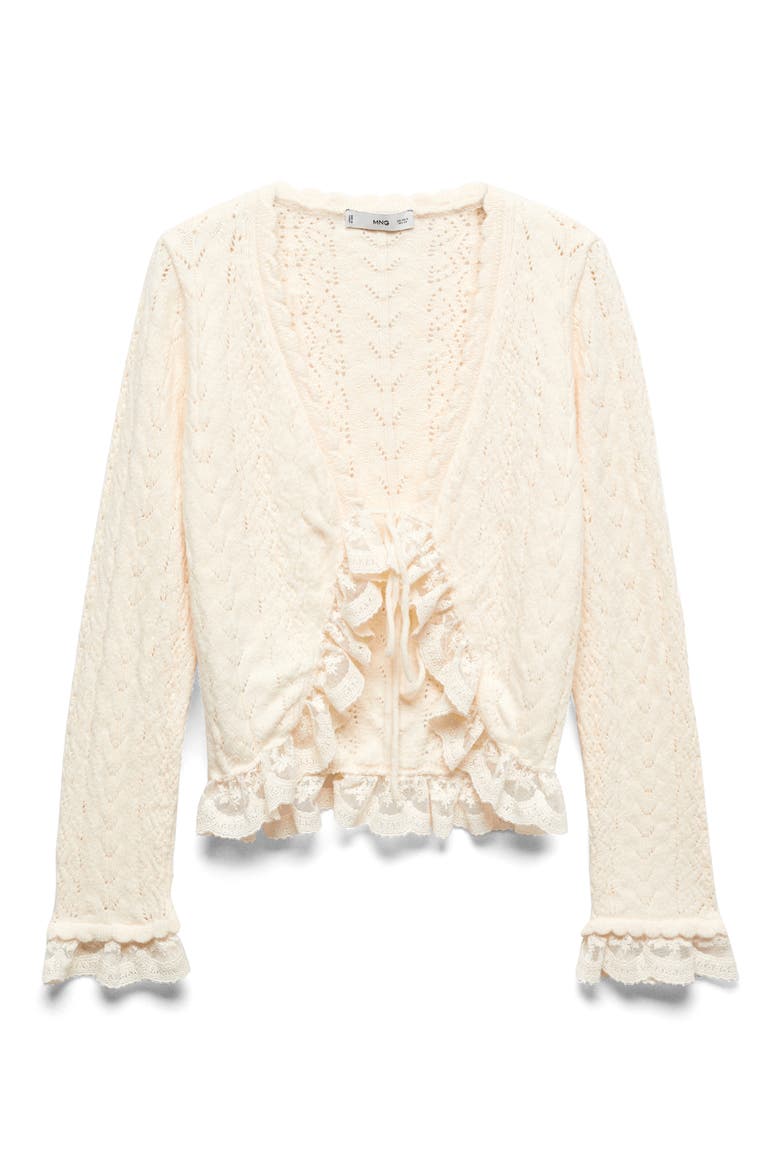 Ruffle Lace Tie Front Crop Cardigan, Alternate, color, ECRU