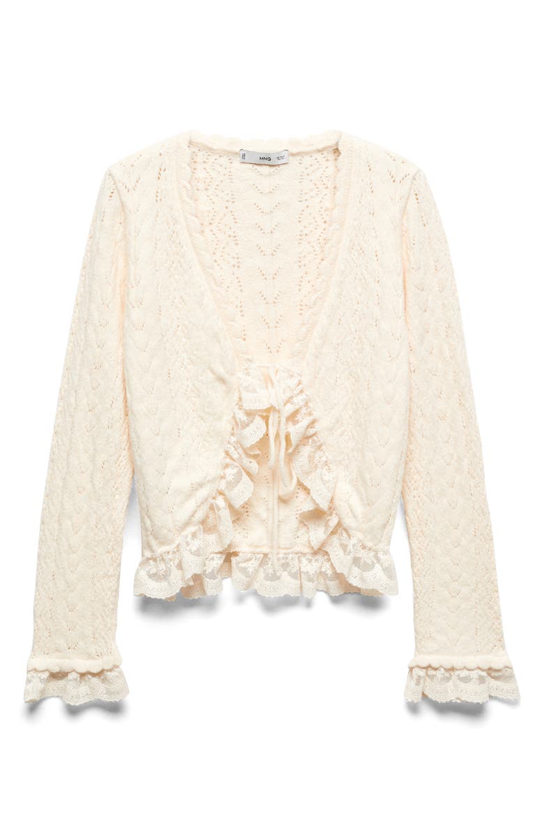 MANGO Ruffle Lace Tie Front Crop Cardigan, Alternate, color,