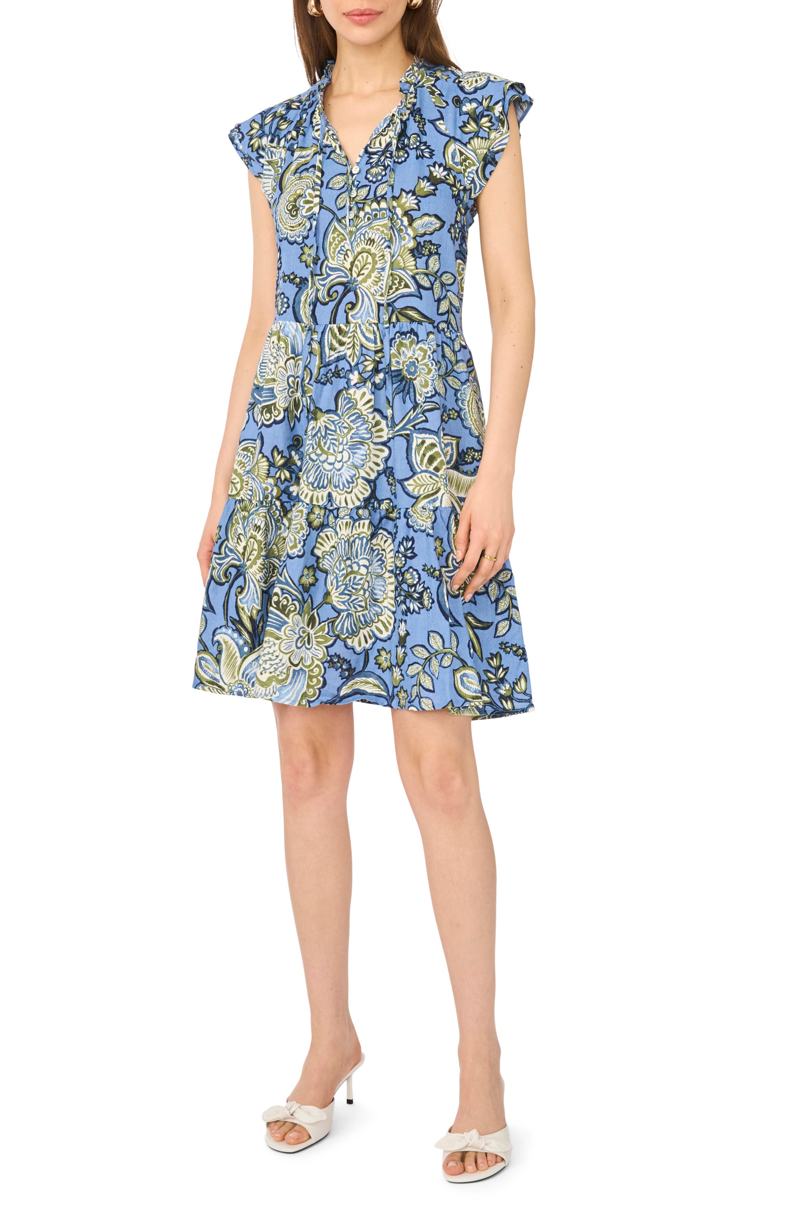 Halogen® Floral Cap Sleeve Tiered Dress