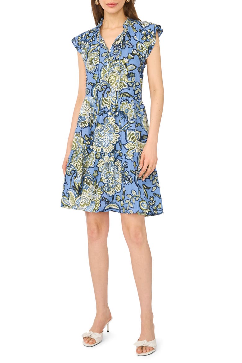 Floral Cap Sleeve Tiered Dress, Main, color, BLUE MULTI