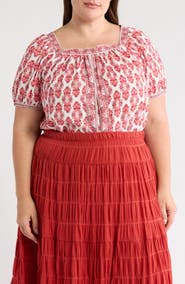 MAX STUDIO Square Neck Puff Sleeve Cotton Blend Top