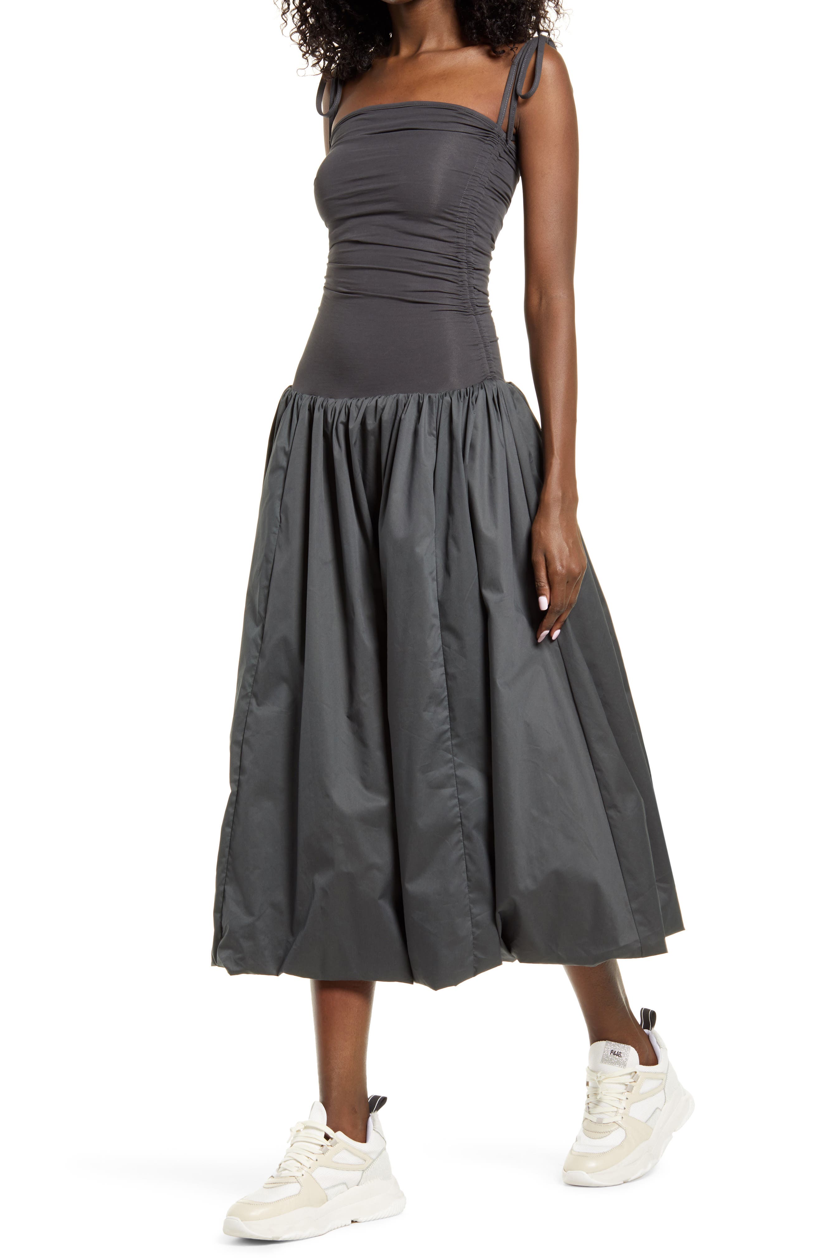 amy lynn tie shoulder midi dress Amy Lynn Alexa puffball shoulder tie midi dress in velvet in red
