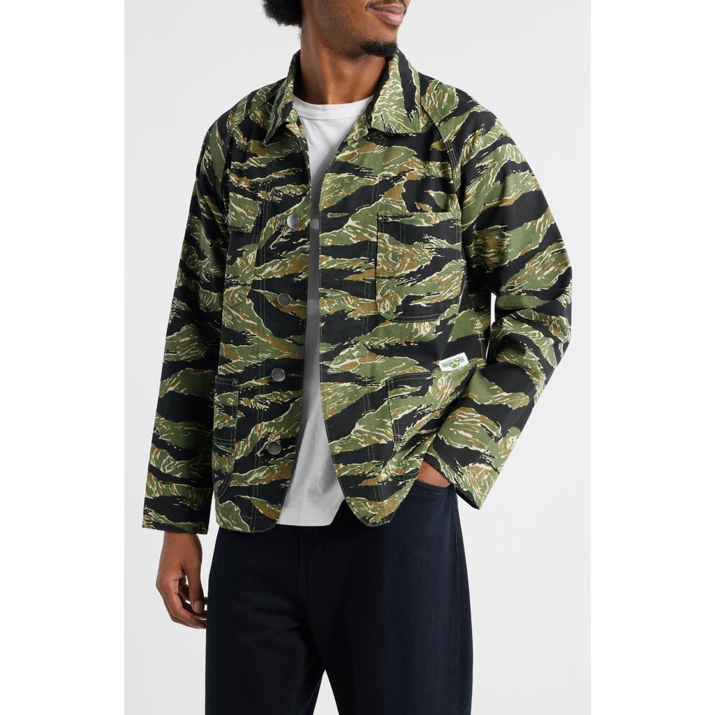 Service Works Coverall 2.0 Tiger Stripe Organic Cotton Twill Chore Coat In Green