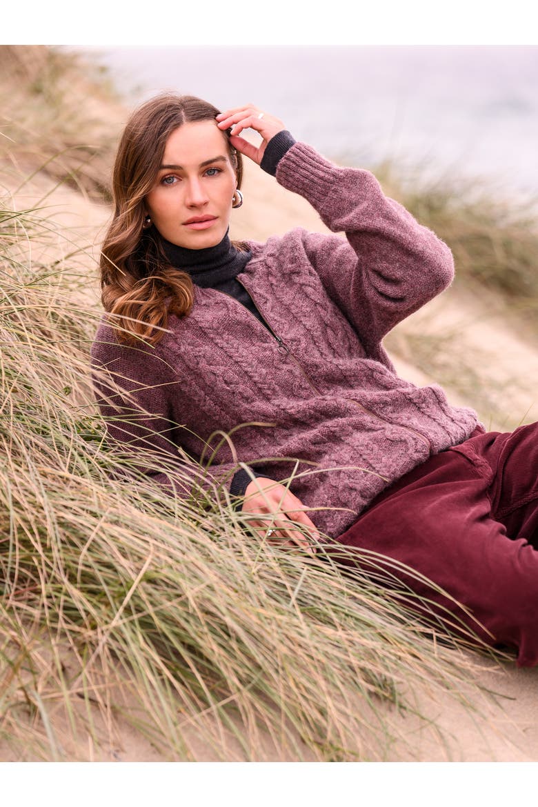 British Wool Cable Zip Cardigan, Alternate, color, DARK ROSE
