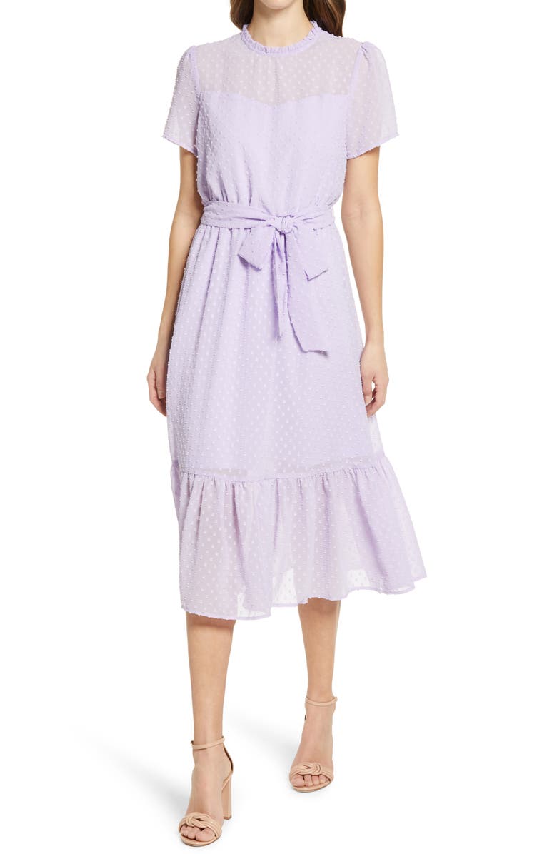 GIBSONLOOK Belted Swiss Dot Midi Dress, Main, color,