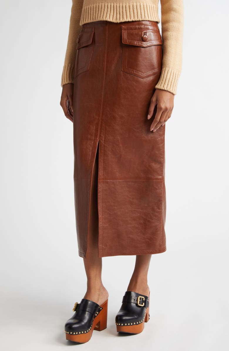 Chloé Front Slit Leather Midi Skirt, Alternate, color, 