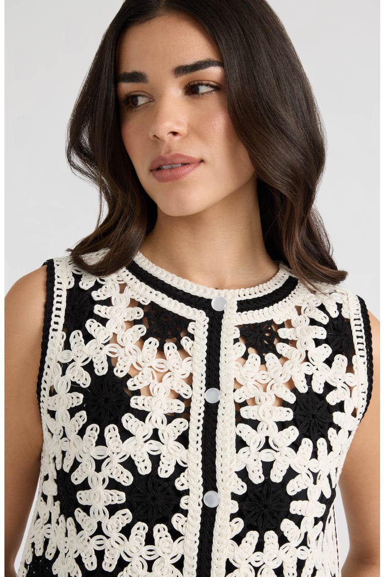 Buttoned Crochet Shell, Alternate, color, BLACK/ MARSHMALLOW