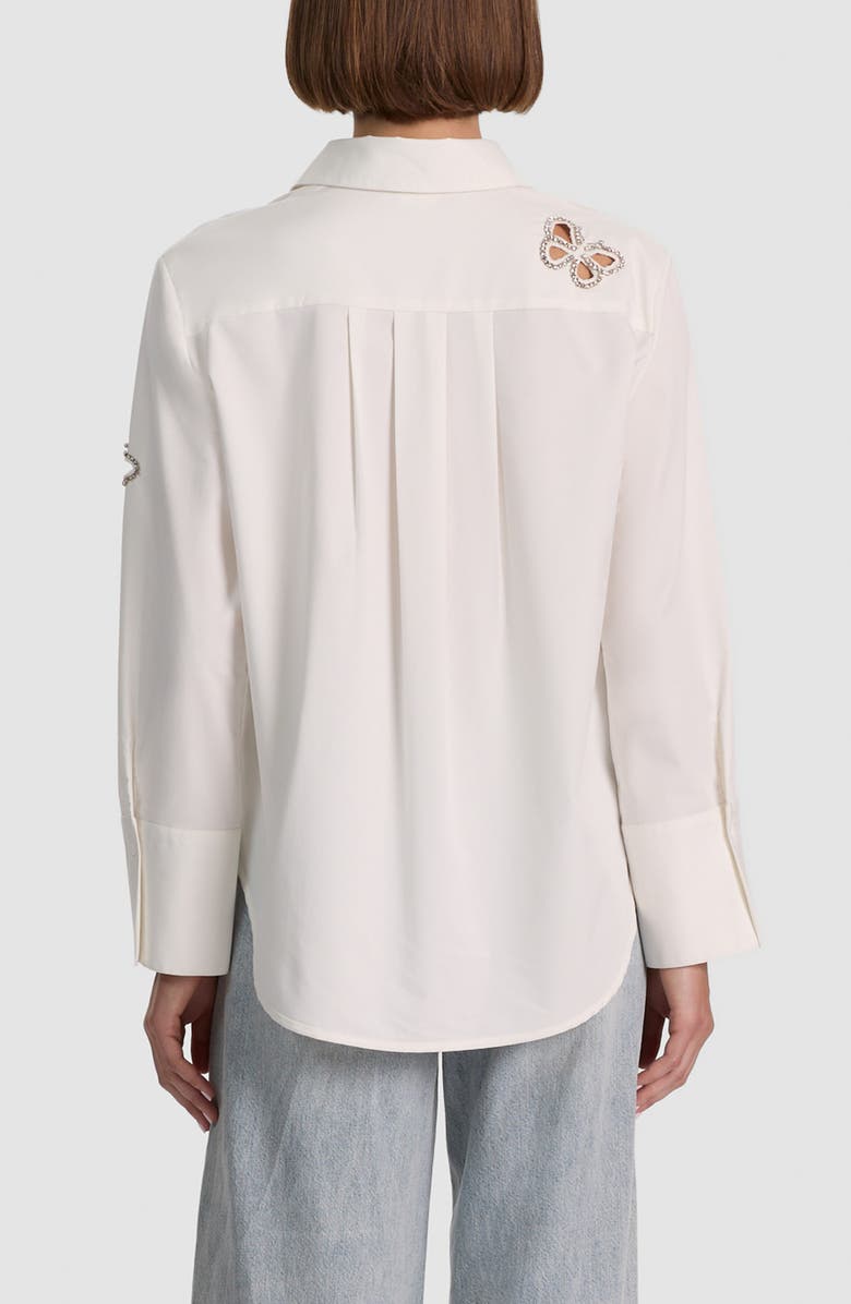 Alice + Olivia Rhinestone Butterfly Cutout Detail Button-Up Shirt, Alternate, color, Off White/ Silver Crystal