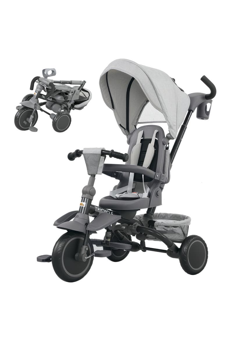 Kids Tricycle with Adjustable Push Handle and Removable Canopy, Main, color, Gray