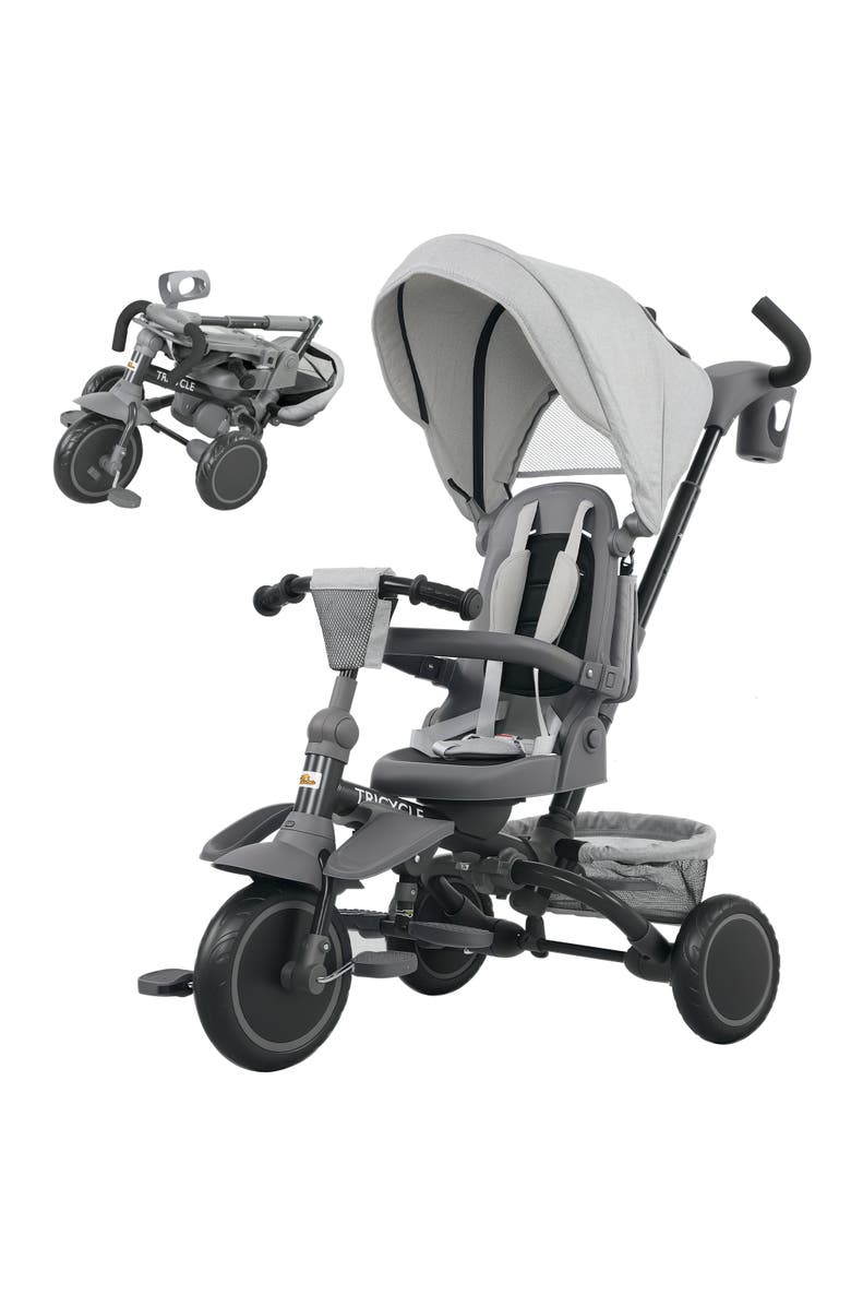 Qaba Kids Tricycle with Adjustable Push Handle and Removable Canopy, Main, color, Gray