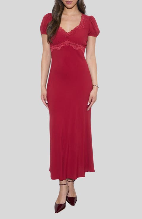 Lace Trim Puff Sleeve Midi Dress