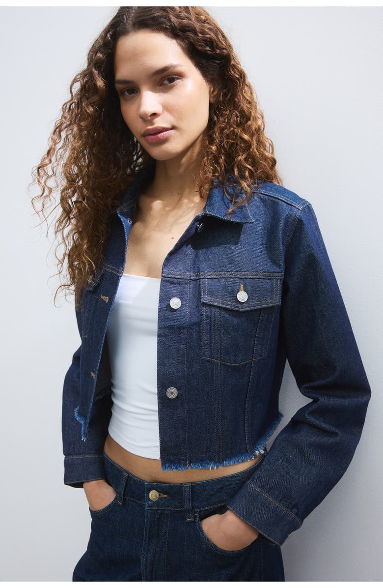 H&M Cropped Denim Jacket, Alternate, color, Dark Denim Blue
