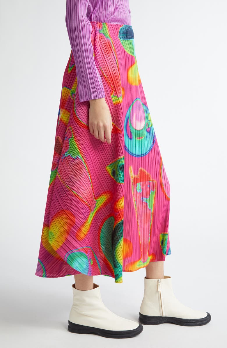 Pleats Please Issey Miyake Thermal Floods Print Pleated A-Line Skirt, Alternate, color, Pink