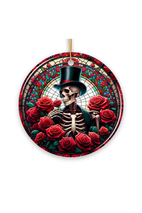 Top-hat Skeleton Roses Stained Glass Themed Ornament
