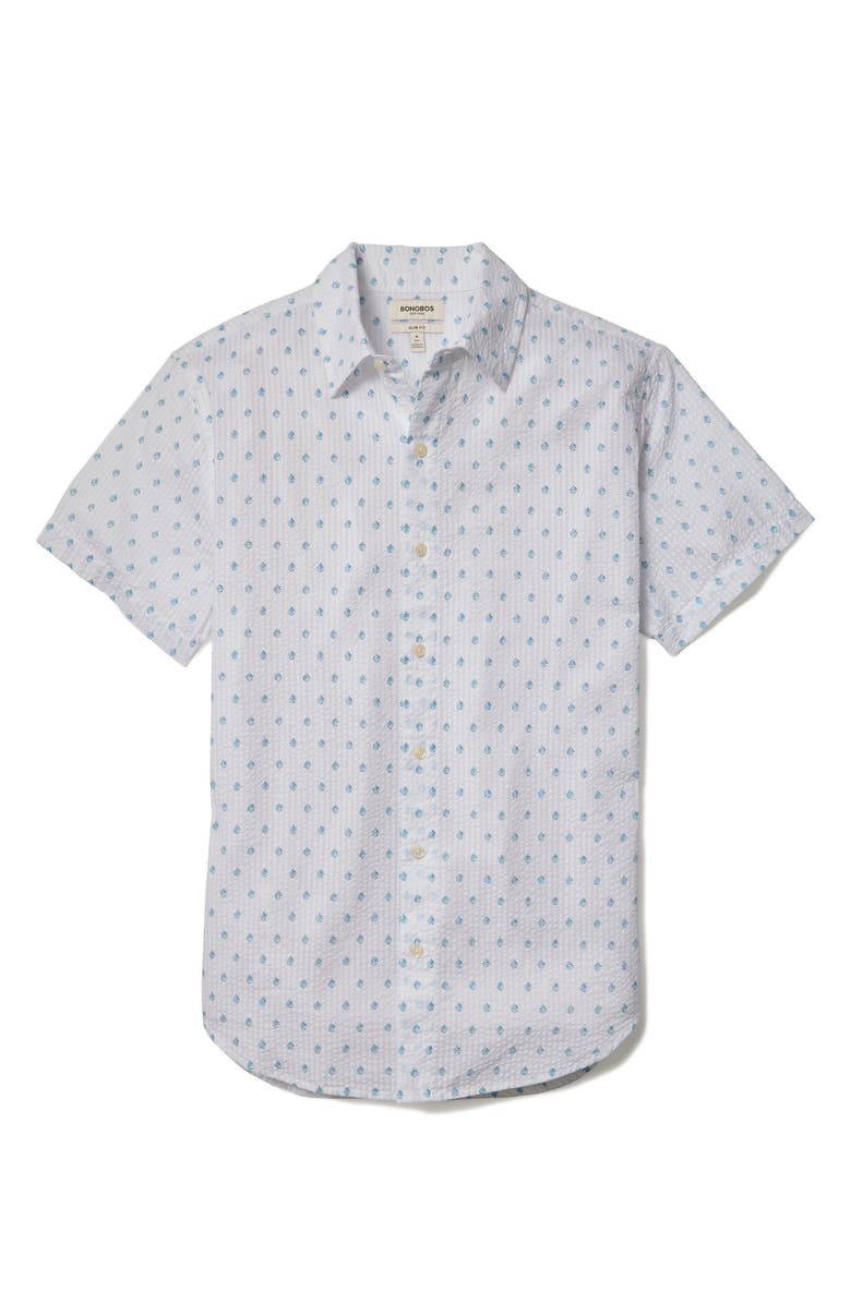 Bonobos Riviera Slim Fit Leaf Print Seersucker Short Sleeve Button-Up Shirt, Alternate, color, Lundi Leaves V2 C24