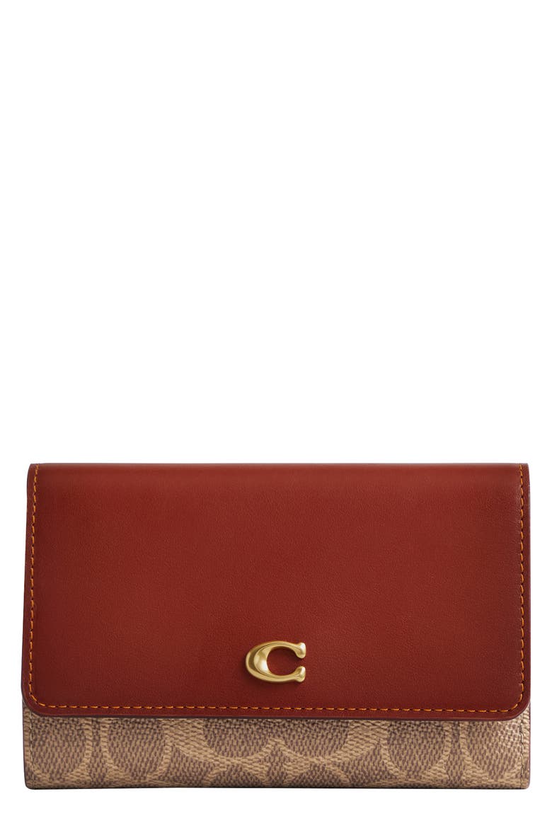 Essential Leather & Signature Coated Canvas Trifold Wallet, Main, color, TAN RUST