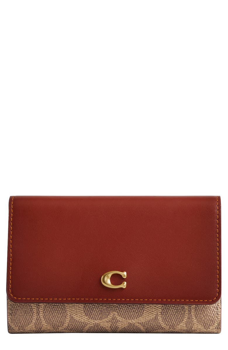 COACH Essential Leather & Signature Coated Canvas Trifold Wallet, Main, color, Tan Rust