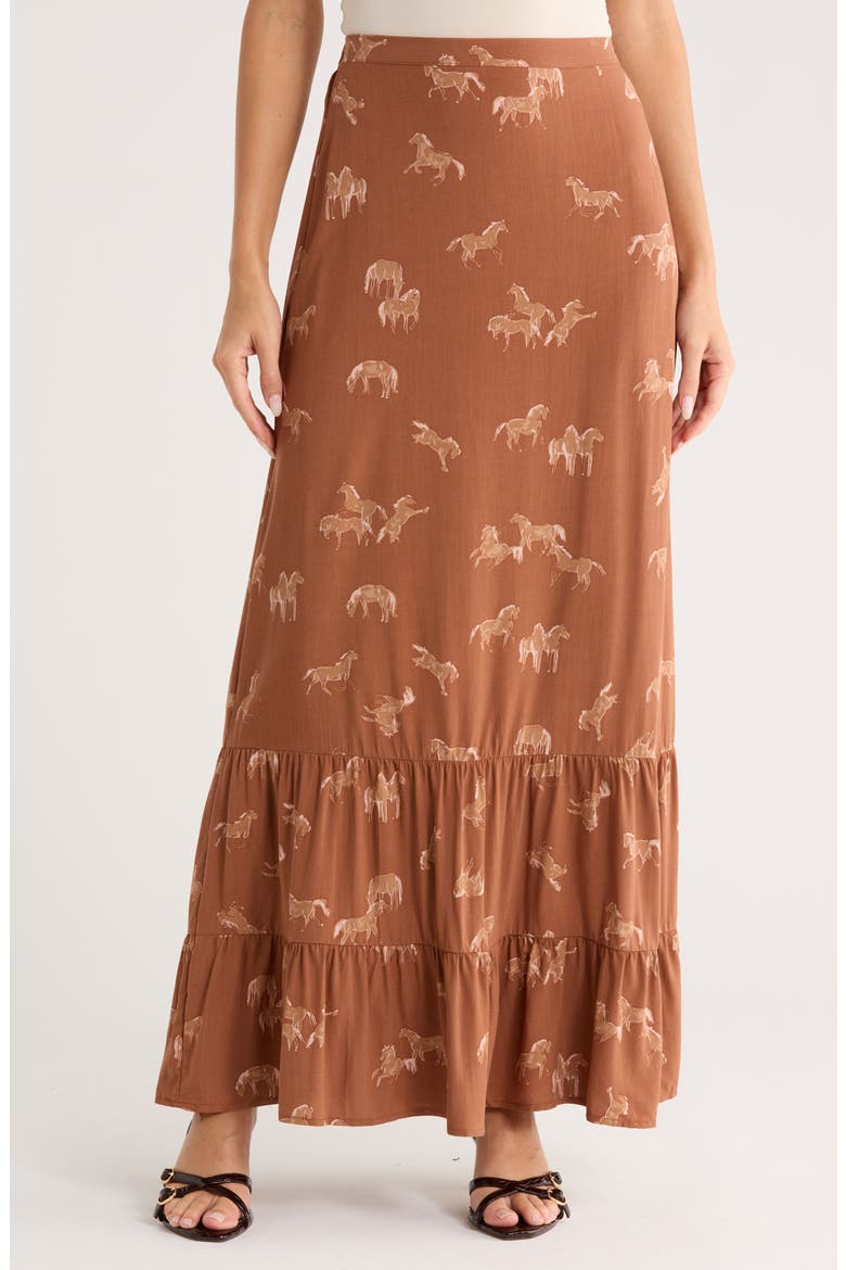 Horse Print Flounce Maxi Skirt, Main, color, CHOCOLATE