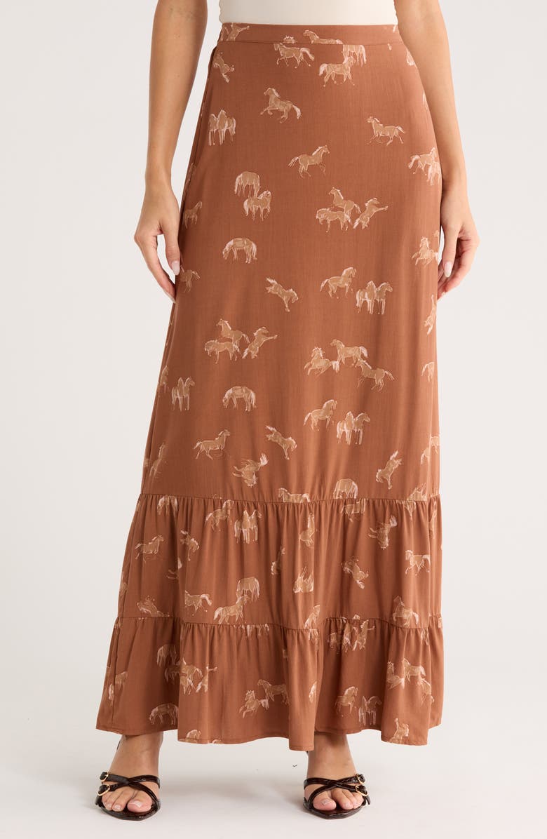 DR2 by Daniel Rainn Horse Print Flounce Maxi Skirt, Main, color, Chocolate