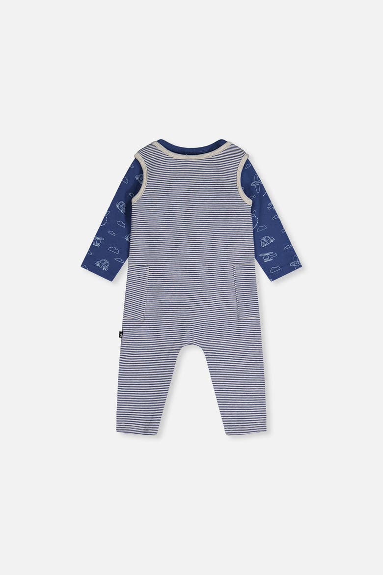 Boy Organic Cotton Romper and Striped Overall Set, Alternate, color, Blue Printed Transport
