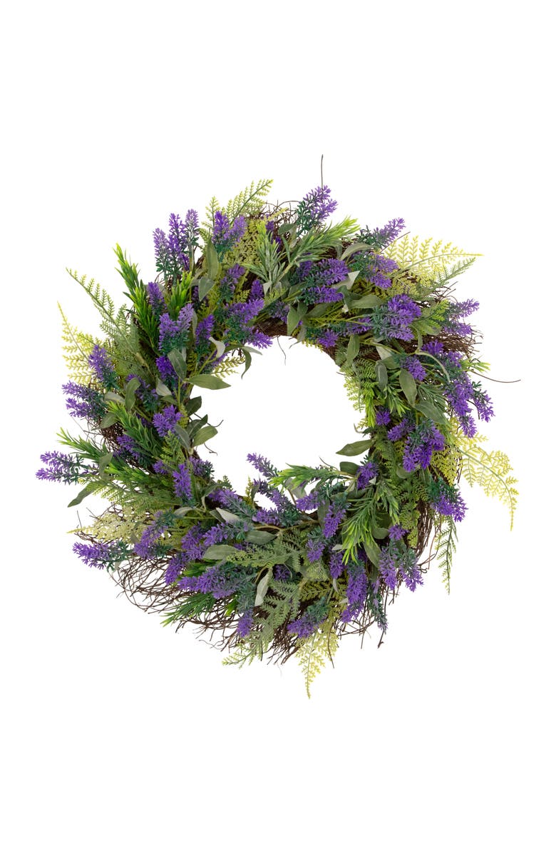 Northlight Lavender and Spring Foliage Artificial Floral Wreath - 24", Main, color, Purple