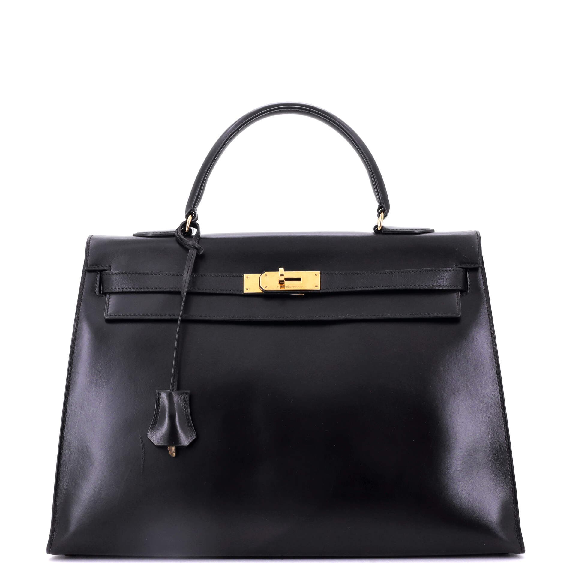 Pre-Owned Hermes Kelly Handbag Black Box Calf with Gold Hardware 35, Main, color, 