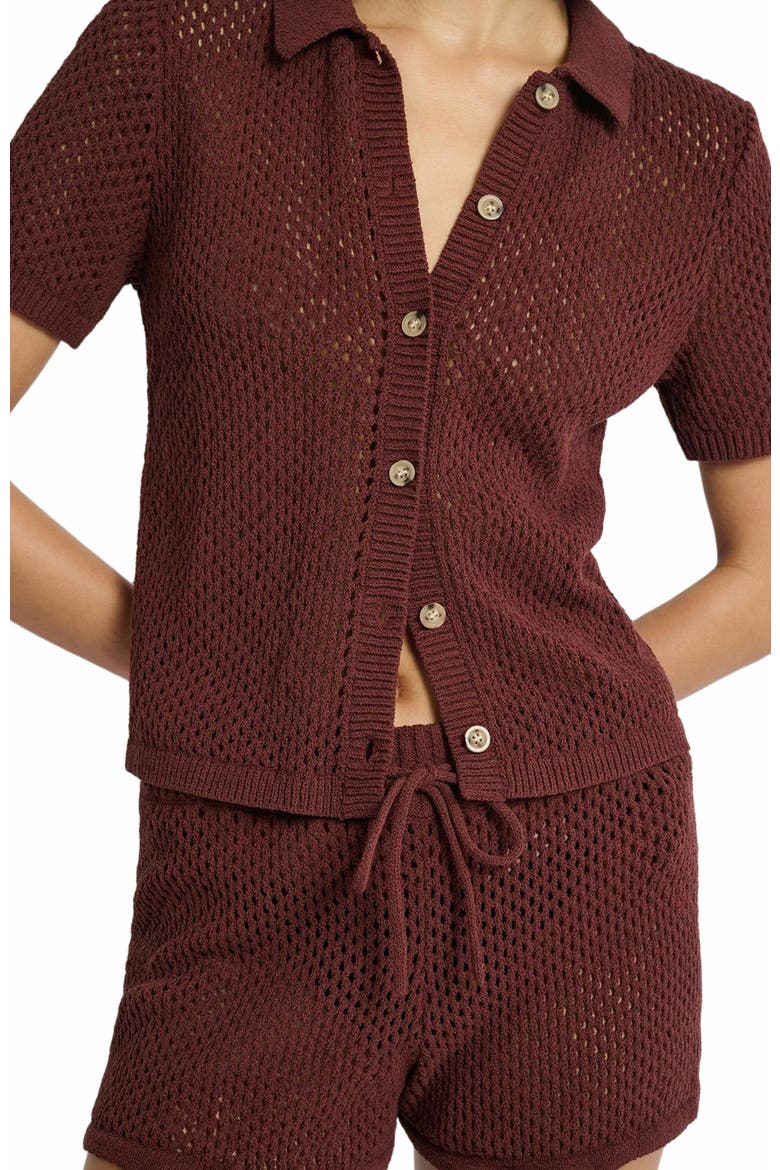 Crochet Knit Button Up Shirt, Alternate, color, RUM