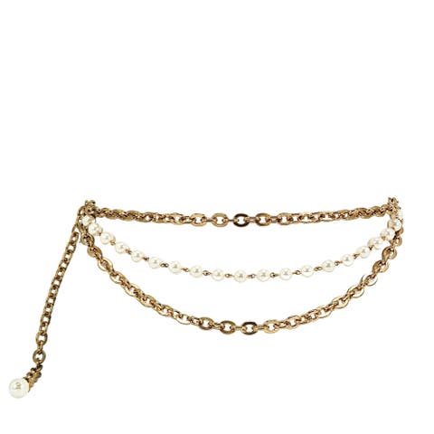 Vintage 1980s Gold & Faux Pearl Layered Chain Belt