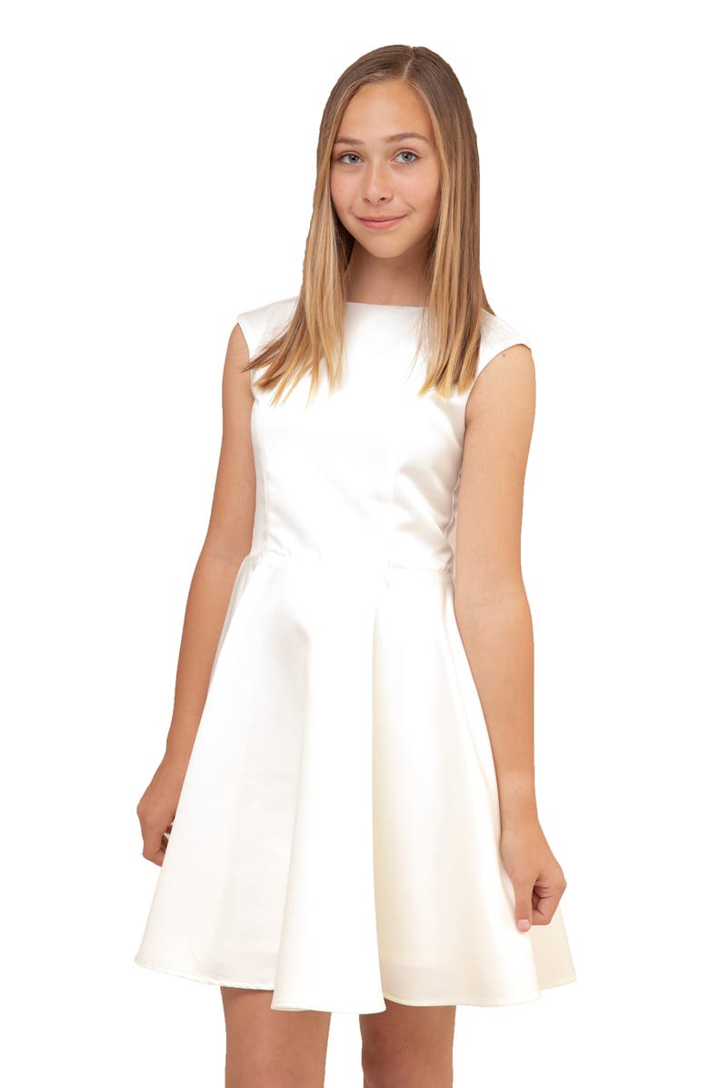 Un Deux Trois Kids' Cap Sleeve Satin Dress, Main, color, Ivory
