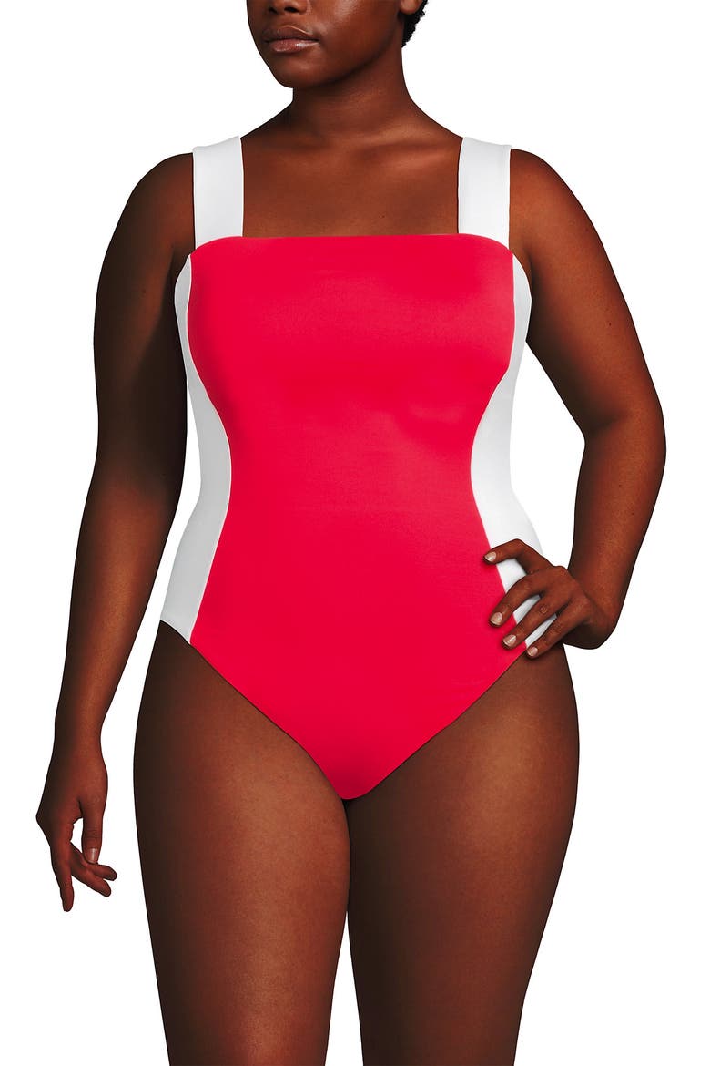 Square Neck High Leg One Piece Swimsuit, Alternate, color, Coral Rose/White