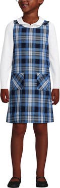 Lands' End Girls Plaid Button Shoulder Patch Pocket Jumper